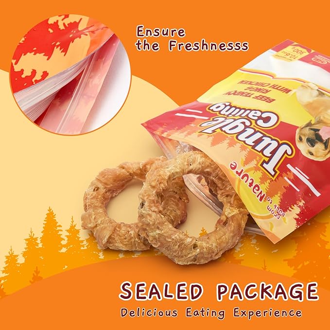 Jungle Calling Beef Tendons for Adult Dogs, Chicken Wrapped Tendons Dog Chews Long Lasting Hip and Joint Supplement for Dogs with Glucosamine (Ring)