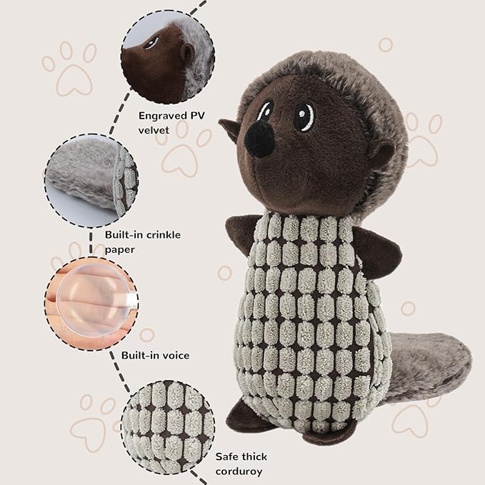 Crinkle Dog Toys Squeaky Plush No Stuffing Cute Puppy Stuffless Tough Rop Pull Toy, Fun Dog Stuffed Animals Durable Chew Set for Small Medium Large Pup (Large, Dark Brown Squirrel)