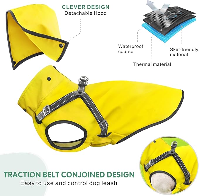 Mosucoirl Dog Raincoat Waterproof Doggie Hoodie Reflective Dog Raincoat Hooded Adjustable Rain Jacket for Small Medium Large Dogs Puppies Doggie (Yellow, L)