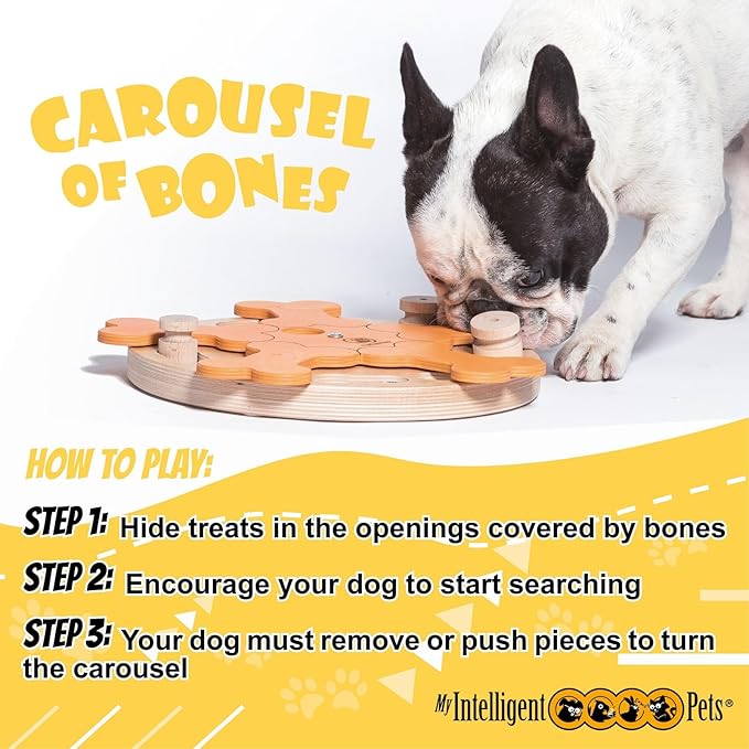 Carousel of Bones - Interactive Wooden Dog Puzzle Toy, Challenging Brain Game for Mental Stimulation and Enrichment, Fun Toy for Smart Pets