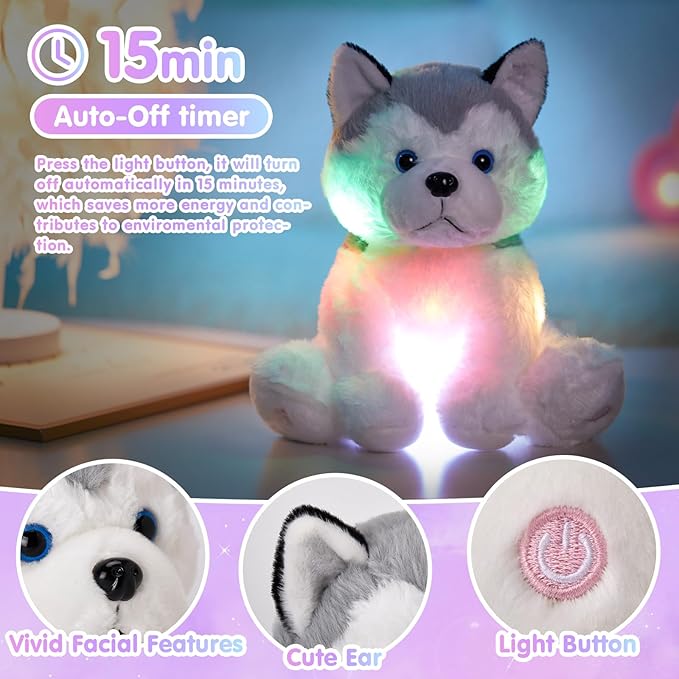 Houwsbaby 12'' Gray Light up Husky Stuffed Animal Dog Floppy LED Plush Toy Puppy Night Lights Glow Pillow Birthday Festival for Kids Toddler Girls