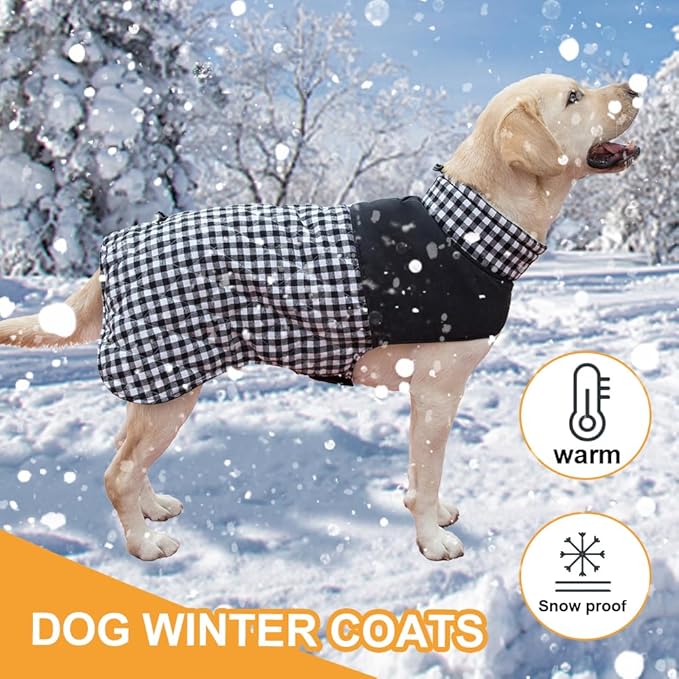 Dog Jackets for Winter, Reversible Dog Coat Windproof Waterproof Jackets for Cold Weather, British Style Plaid Coats Warm Vest for Small Medium Large Dogs (Black, 4XL)