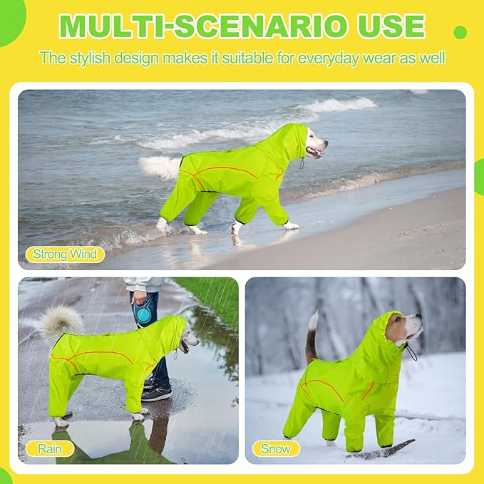Dog Raincoat, Waterproof Dog Rain Jacket with Removable Hood，Adjustable 4 Legs Pet Poncho with Leash Hole，Reflective Stripe Hooded Snowproof Windproof Clothes for Small to 3X-Large Dogs, 3XL