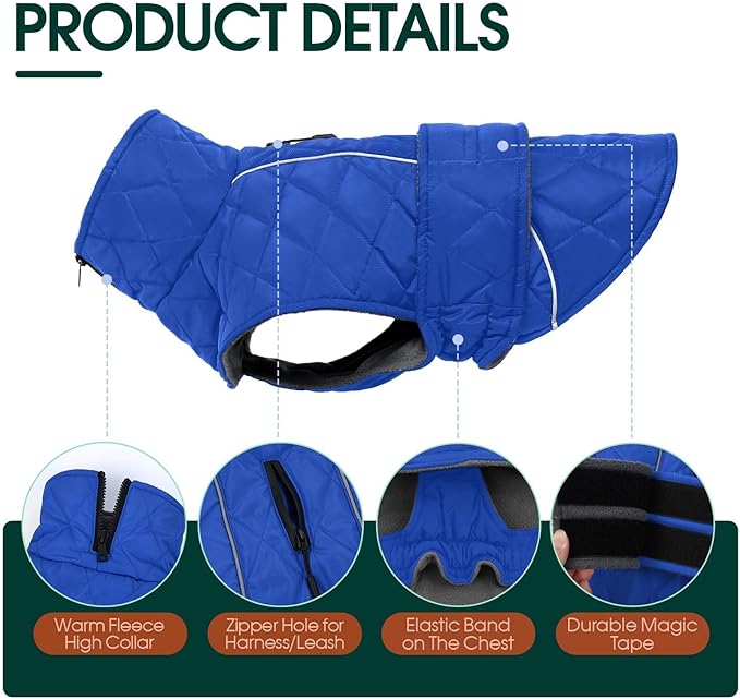Kuoser Dog Coat, Extra Warm Dog Jacket Windproof Dogs Cold Weather Coats for Large Dogs, Fleece Lining Turtleneck Puppy Snowsuit Reflective Adjustable Pet Winter Clothes Christmas, Blue 2XL