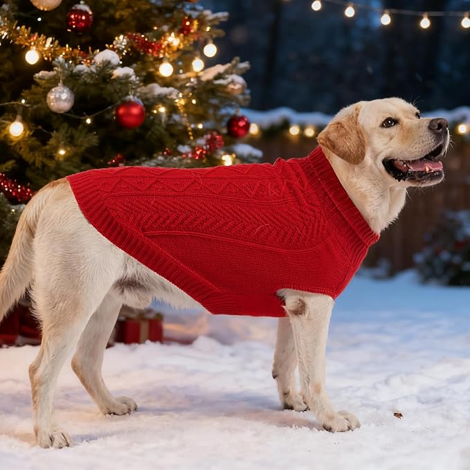 PUPTECK Dog Sweater, Turtleneck Warm Knitted Pullover Coat, Thick Cable Knitwear Clothes in Winter, Pet Apparel Outfits for Small Medium Dogs, for Cold Weather Indoor & Outdoor, Red S
