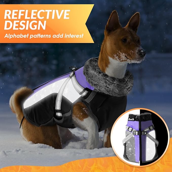 SlowTon Dog Jacket with Harness Built in - Waterproof Fleece Winter Warm Dog Coats for Small Medium Dogs, Reflective Adjustable Furry Puppy Vest Clothes for Outdoor Walking (Purple & Grey, XL)