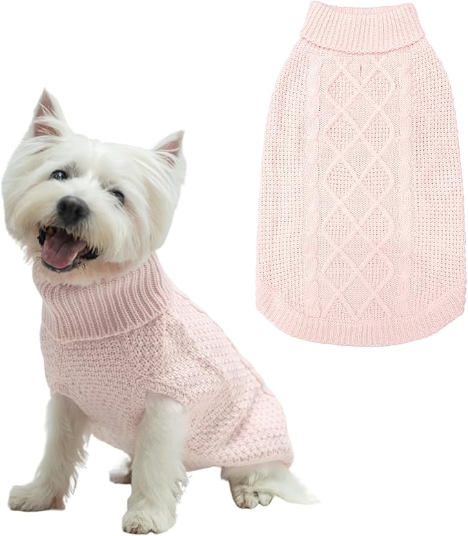 Mihachi Turtleneck Dog Sweater - Winter Coat Apparel Classic Cable Knit Clothes with Leash Hole for Cold Weather, Ideal Gift for Pet in New Year Rosy Small