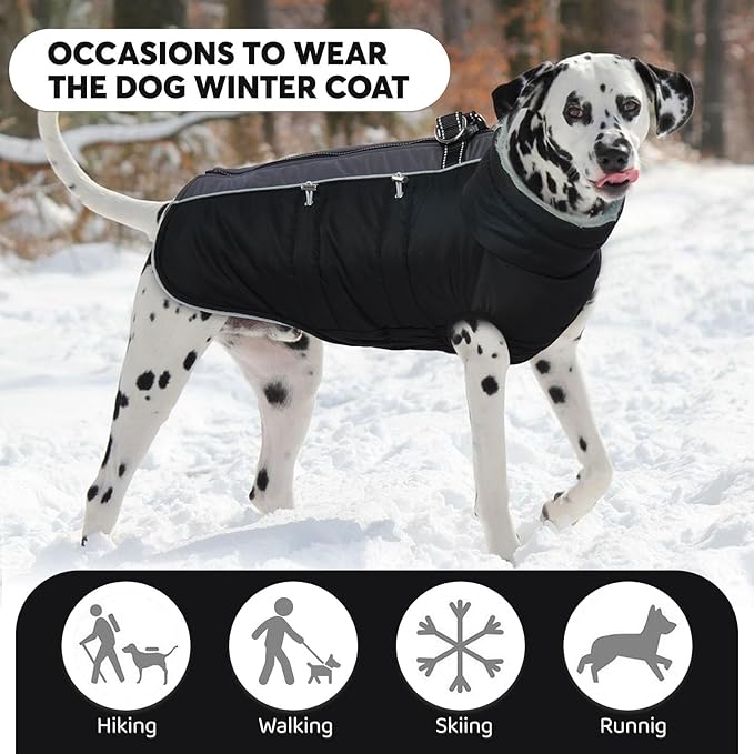IDOMIK Warm Dog Coat with Harness, Waterproof Reflective Dog Jackets for Small Medium Large Dogs, Fleece High Collar Winter Jacket with Zipper, Pet Winter Snowsuit Clothes for Cold Weather,Black L