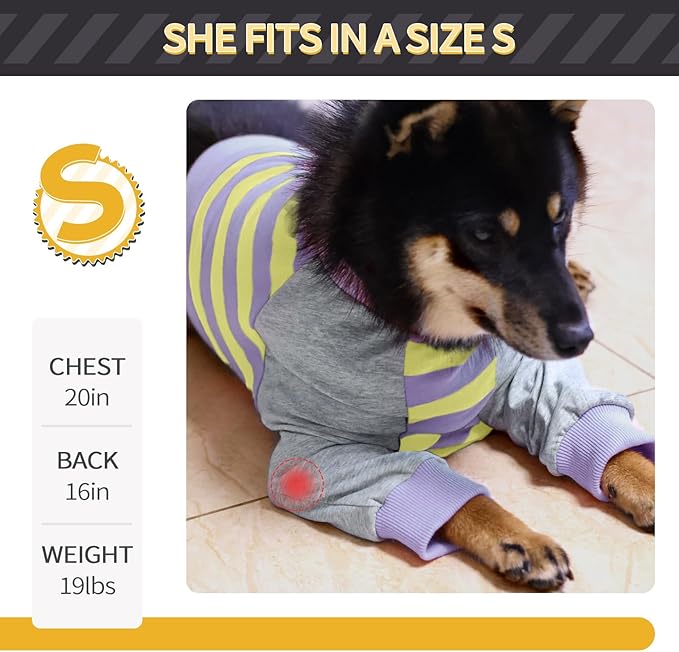 FUAMEY Dog Recovery Sleeve with Elbow Protector,Dogs Shirt Stop Licking Joints,Pet Long Sleeve Suit Protecting Dog's Front Leg Arm Wounds Cover Skin Conditions Purple Stripes XL