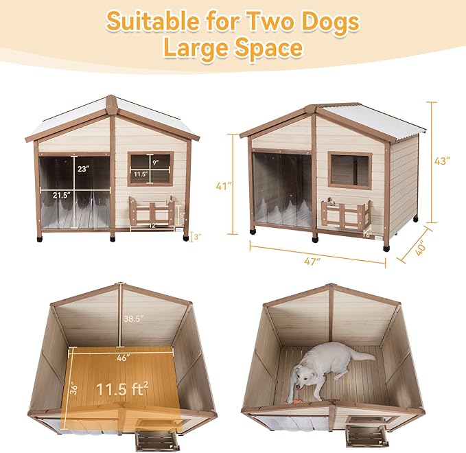Petsfit All-Season Large Wooden Dog House Outdoor for Extra Large Breeds up to 200lbs, Insulated Weatherproof Shelter with PVC Roof & Elevated Floor, Easy Assembly, 47-Inch, Off-White