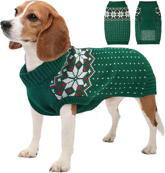 Kuoser Dog Sweater, Holiday Christmas Snowflake Pet Warm Knitwear Dog Sweaters Soft Puppy Clothing, Doggie Turtleneck Cold Weather Outfit Pullover for Small Medium Large Dogs Cats, Green L