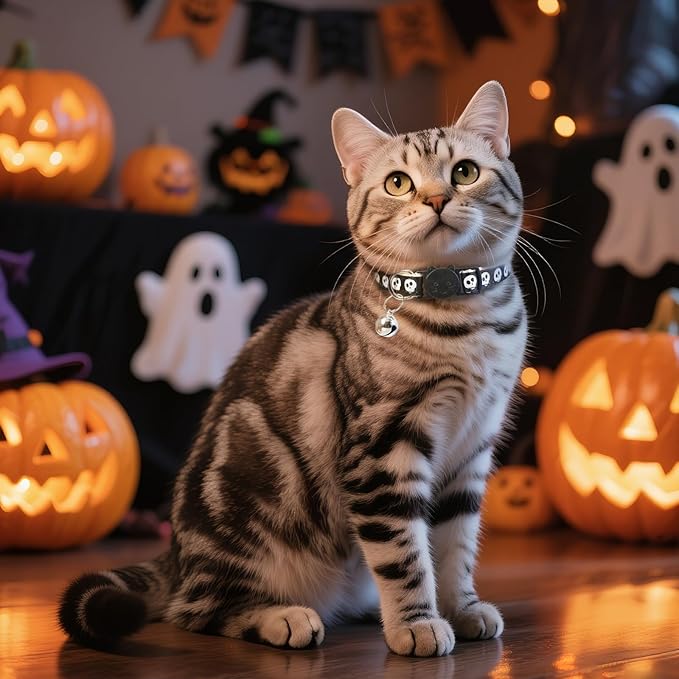 Halloween Cat Collar with Bell, Adjustable Comfortable Kitten Halloween Collar Breakaway, Skeleton Patterns Safety Holiday Cat Collars for Boys Girls,Kitten,Puppy Black (7.5"-12.5")