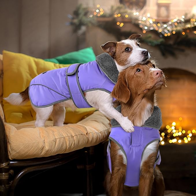 Dogcheer Dog Coat, Waterproof Dog Jacket Reflective Pet Winter Coat with Adjustable Hook & Loop, Christmas Puppy Fleece Jacket Warm Turtleneck Snowsuit for Small Medium Large Dogs - Taro Purple, L