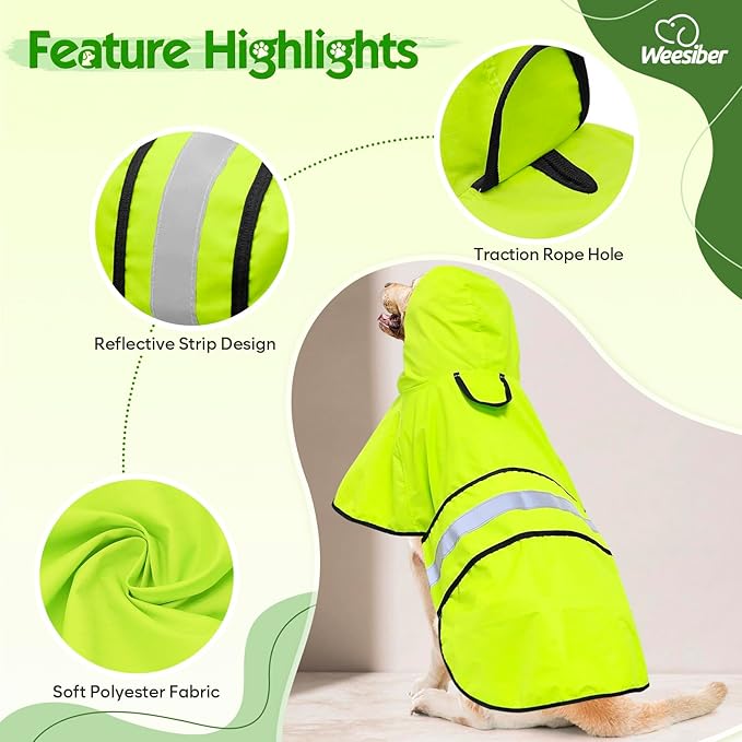 Dog Raincoat - Waterproof Dog Rain Jacket with Leash Hole, Lightweight Hooded Pet Rain Coats, Reflective Doggy Slicker Poncho for Dogs Walking(M, Green)