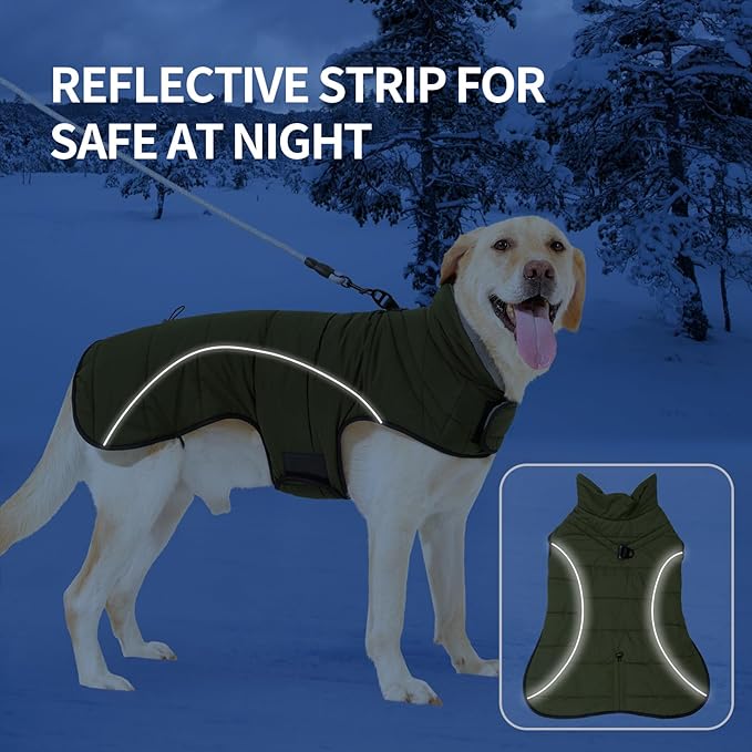 HEYWEAN Dog Winter Coat - Waterproof Windproof Reflective Vest for Medium & Large Breeds Adjustable Warm FleeceLined Jacket with Magic Tape & D-Ring for Leash Cold Weather Apparel (Green, Medium)