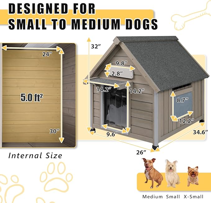 Small Dog House Indoor, Wooden Outdoor Dog House with Waterproof Roof, Chew-Proof Iron Frame, Doghouse Kennel Puppy Shelter for Small Medium Dogs, 26''x34.6''x32''