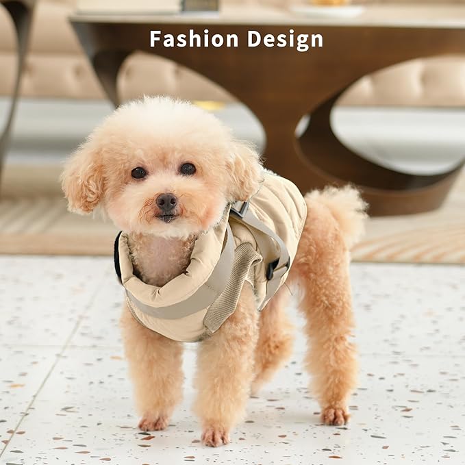 Dog Jacket with Harness,Fleece Lined Warm Puppy Coat for Winter,Soft Windproof Medium Dog Vest,Khaki L