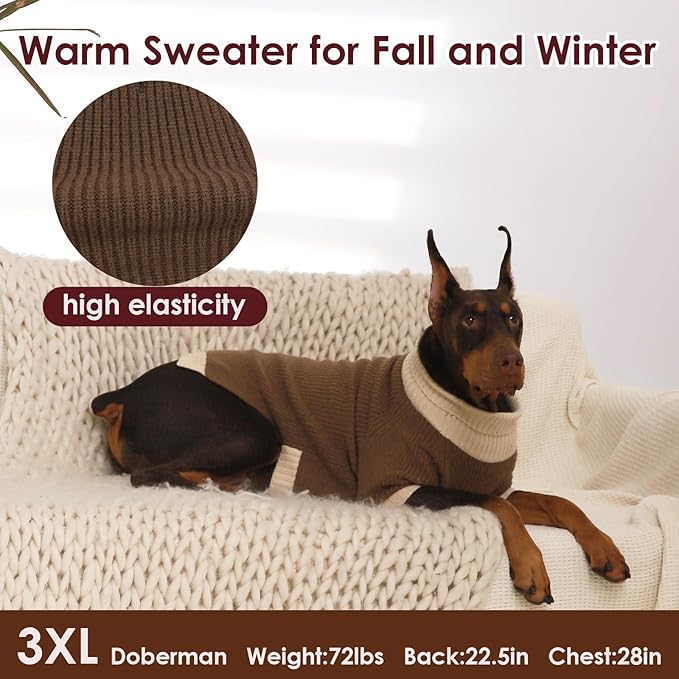 Great Dane Dog Sweater XXXXXL, Warm Stretchy Dog Sweater with Harness Hole, Christmas Sweaters for Extra Large Dogs Boy Girl, Winter Turtleneck Pet Clothes Holiday Outfit, Brown 5XL