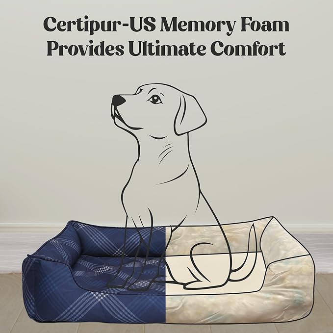 Orthopedic Bolster Dog Bed – CertiPUR-US Foam, Recycled Polyester Canvas, Washable Cover, Anti-Slip Bottom, Large, Grey Plaid – Stylish Designer Dog Sofa