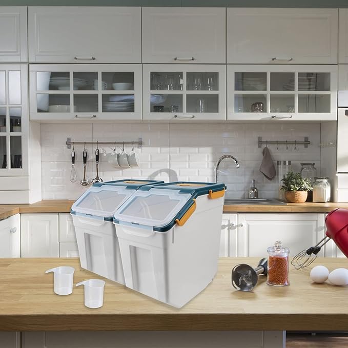 2 Pack Rice Storage Container 25 lbs, Airtight Flour Storage Containers with Wheels Seal Locking Lid, BPA Free, Rice Bin with Measuring Cup & Scoop for Flour, Sugar, Cereal (Blue)