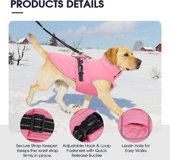 IECOii Dog Winter Jacket - Reflective, Adjustable & Windproof, Thermal Pet Snow Vest for Dachshund, Waterproof Quick Release Buckle, Cold Weather Coat for Indoor Outdoor, Pink, Size M