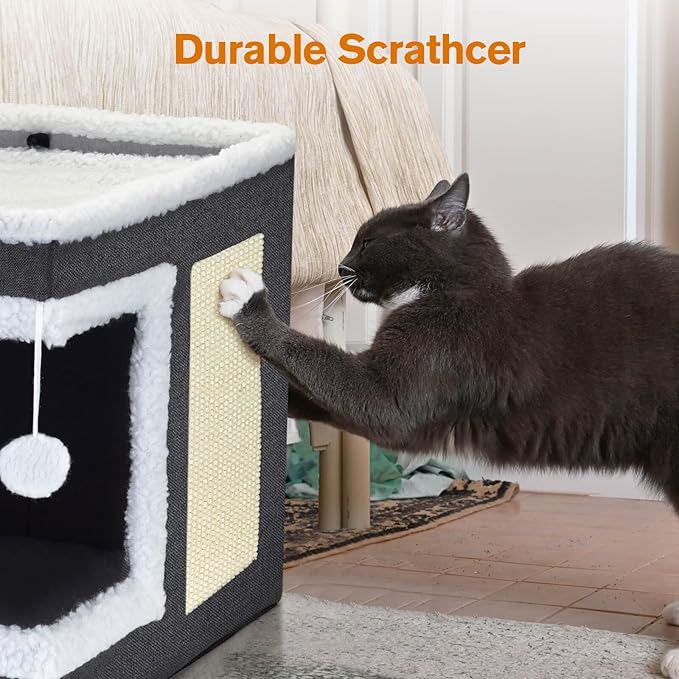 petizer Cat Bed for Indoor Cats, Large Covered Cat House with Scratch Pad, Foldable Cat Cave Bed & Hideaway Cube with Reversible Cushions, Cute Cat Condo for Multi Small Pet Kitten (Dark Grey)