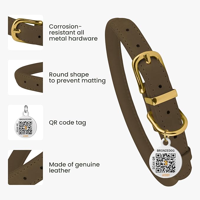 BronzeDog Rolled Leather Dog Collar with QR ID Tag, Adjustable Soft Round Collars for Small Medium Large Dogs Puppy (7" - 10" Neck Size, Nut Brown)