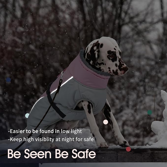 IECOii Extra Warm XXL Dog Coat - Reflective, Adjustable Dog Jacket for Cold Weather Outdoor, Waterproof Windproof Dogs Winter Jacket with Soft Fleece Lined, Machine Washable for Large Dogs, Pink, 2XL