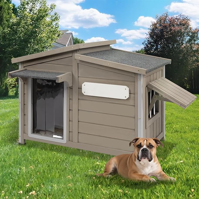 Large Outdoor Wooden Dog House, Weatherproof Dog Houses with Adjustable Vent Windows, Alloy Chew-Resistant Frame, Removable Floor for Medium & Large Dogs, (34" L x 22" W x 25.9" H)
