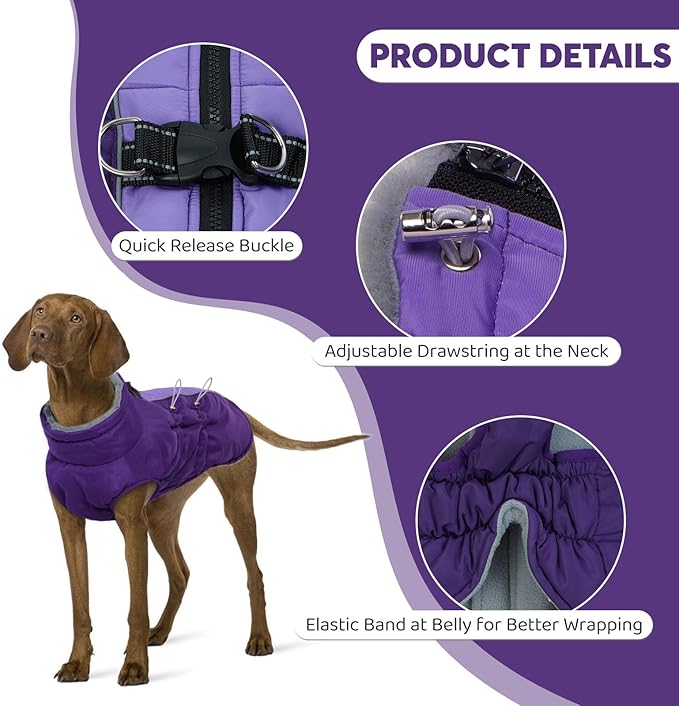 IDOMIK Warm Dog Coat with Harness, Waterproof Reflective Dog Jackets for Small Medium Large Dogs, Fleece High Collar Winter Jacket with Zipper, Pet Winter Snowsuit Clothes for Cold Weather,Purple L