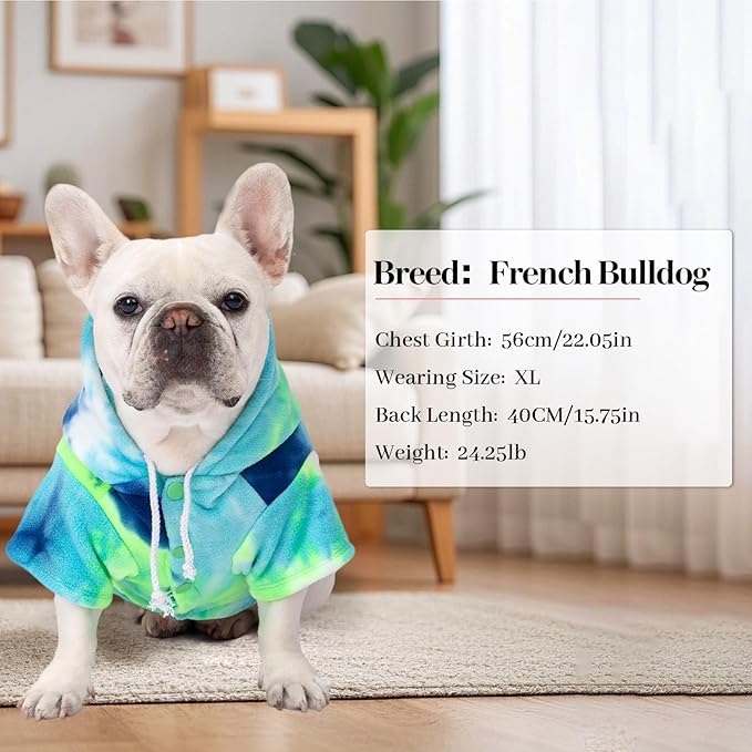 Dog Hoodie Tie Dye Dog Sweatshirt Chic Winter Clothes Ultra-Soft Warm Sweaters for Small Medium Dogs Fashion Pet Clothes for Dogs (Blue/Yellow/Green, XXL (Back: 18.89",Chest: 27.55", Neck: 20.07"))