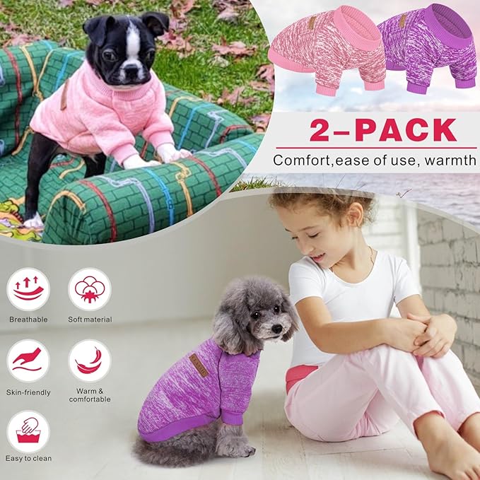 2 Pieces Pet Dog Classic Knitwear Sweater, Fleece Coat for Small,Medium Dogs,Warm Pet Dog Cat Clothes,Soft Puppy Customes for Chihuahua Yorkshire Tzu (Pink Purple,M)