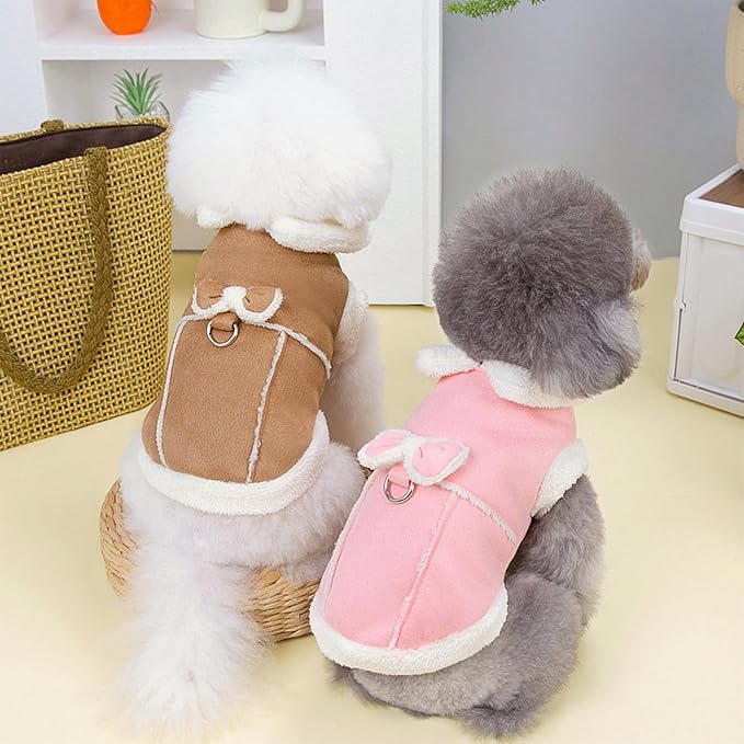 Jecikelon Bowtie Dog Cold Weather Coat Fleece Lining Warm Pet Puppy Turtleneck Dogs Winter Coats for Small Dogs Jacket with D-Ring Leash (Small, Khaki)