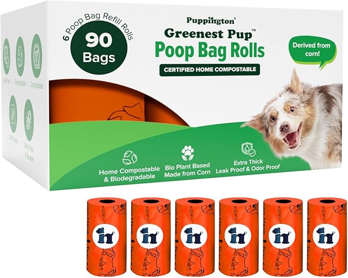 Puppington Certified Home Compostable Poop Bags - ASTM D6400 Compliant - 90 Extra Thick Bags - Plant Based - Pairs with Puppington 3-in-1 Bag & Fits all Standard Poop Bag Dispensers (Poppy Orange)