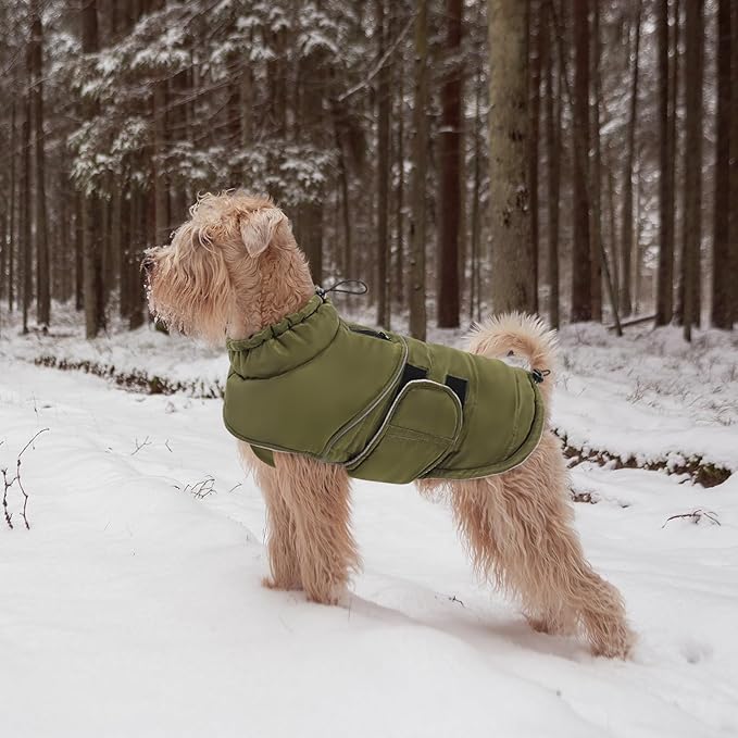 Peferhouse Extra-Large Dog Warm Winter Coat, Windproof Reflective Jacket with Harness Hole, Thick Dog Vest Jacket ArmyGreen XL