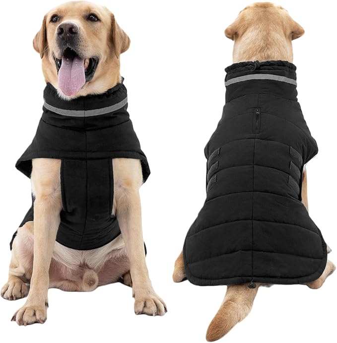 Dog Coat, Waterproof Winter Jacket, Warm Windproof Vest, Reflective Adjustable Turtleneck Coats for Medium and Large Dogs with Hook & Loop - Black - L