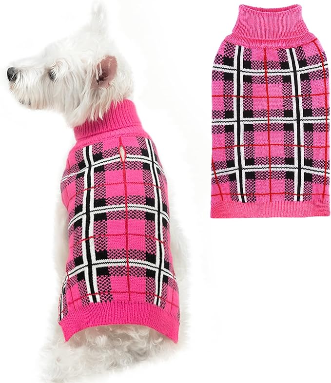 PUPTECK Dog Sweaters for Large Medium Small Dogs - Fall Classic Plaid Style Puppy Holiday Winter Coat Clothes Warm, Fuschia, XS
