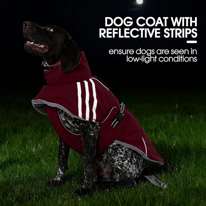 FUAMEY Dog Cold Weather Coats,Dog Winter Jackets for Large Dogs Warm Dogs Coat with Reflective Strips Waterproof Pet Snowsuit Thick Paded Pets Vest for Labrador Golden Retriever Wine Red 2XL