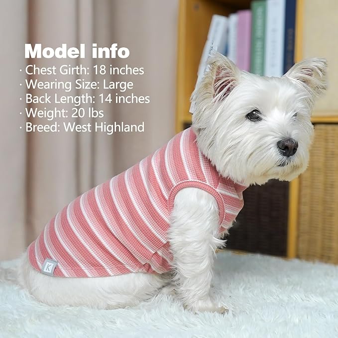 KYEESE 2Pack Waffle Dog Shirts for Small Dogs Stretchy T-Shirts Lightweight Tank Top Sleeveless Striped Vest Breathable Cat Tee, Medium, Pink+Striped