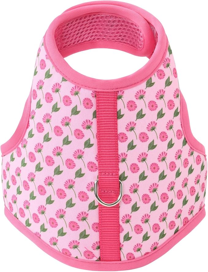 Mile High Life Dog Harness, Air Mesh Floral Vest Harness for 20 lbs Small Dogs & Cats, Easy Get on Adjustable Easy Closures Both Neck and Chest (Pink Flower, XS Chest 14"-16")