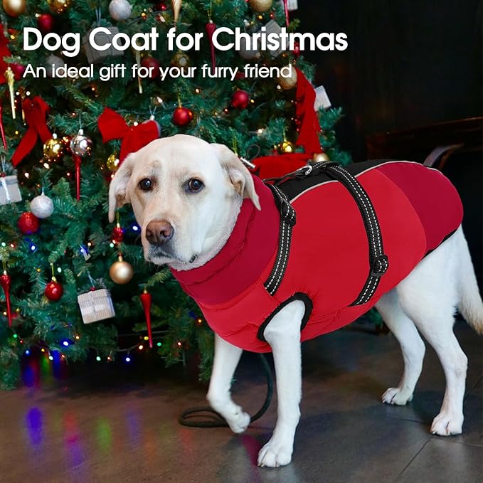 SUNFURA Dog Coat, Dog Jacket for Large Dogs with Harness Built in, Warm Pet Winter Coat Zip Up Snow Jacket with Furry Collar for Boston Terrier, French Bulldogs, Red L