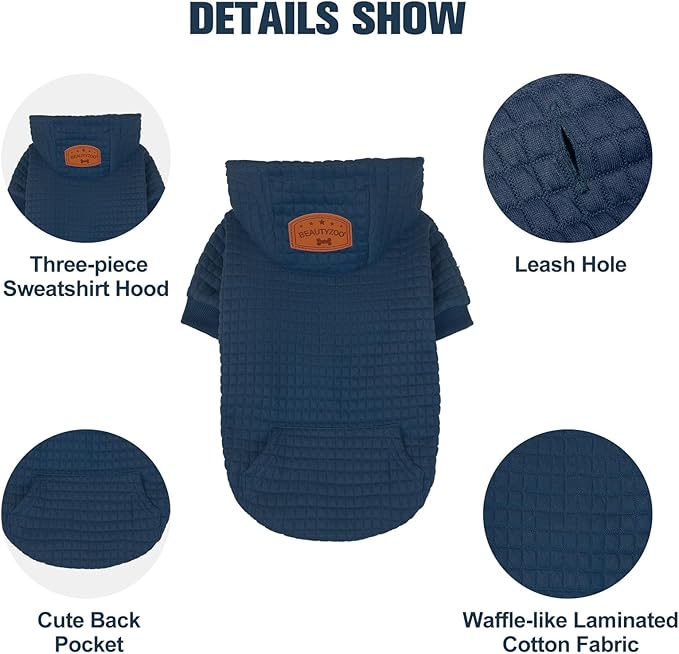 BEAUTYZOO Small Dog Hoodie Sweater with Pockets, Dog Clothes for Small Medium Dogs Boy Girl, Waffle-Like Laminated Cotton Pet Coats with Hat and Leash Hole, Navy Blue S