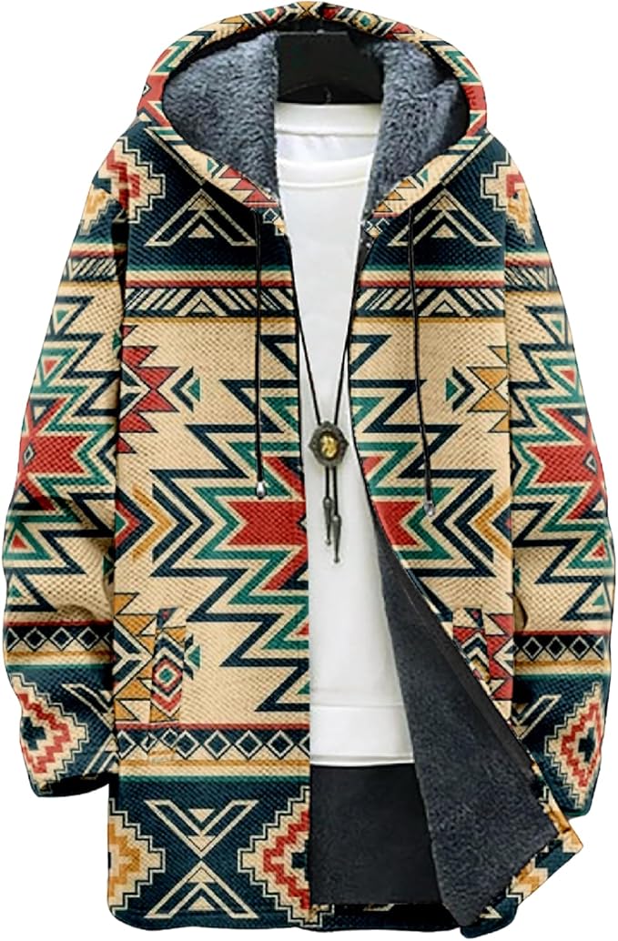 Mens Aztec Print Hoodie Heavyweight Cotton Fleece Jacket Zip Up Warm Long Sleeve Hooded Winter Midi Coat