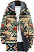Mens Aztec Print Hoodie Heavyweight Cotton Fleece Jacket Zip Up Warm Long Sleeve Hooded Winter Midi Coat