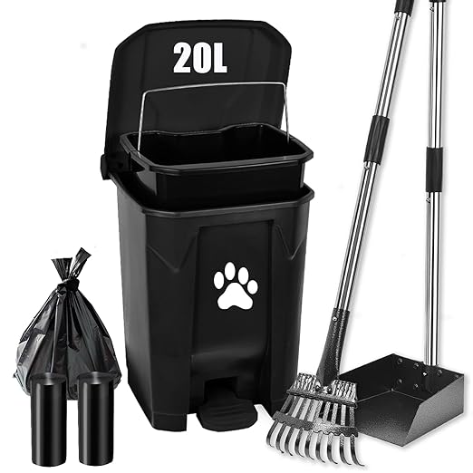 Pooper Scooper for Large Small Dogs, Poop Scooper Set-Long Handle Tray & Rake, Dog Poop Trash Can with Lid for Outdoors Yard Garden, 20L