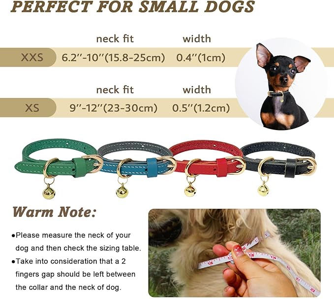 Guiding Star Leather Collar for Puppy, Cute Soft Thin Dogs Collars for Small Medium Dogs, Cat Collar with Bell (Black, XXS, 6.2"-10")