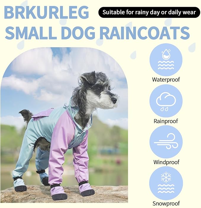 Dog Raincoat with Transparent Hood, Waterproof Jacket for Small Dogs with Snap-Button Chest, Leash Hole & Hook-and-Loop Cuffs Sleeves, Back Pocket for Treats (Blue, Small)