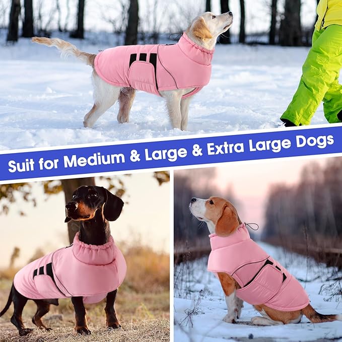 ASENKU Extra Warm Dog Coat - Winter Jacket with Fleece, Reflective, Adjustable, Zippered Leash Hole for Large Dogs, Turtleneck (Pink, 3XL)