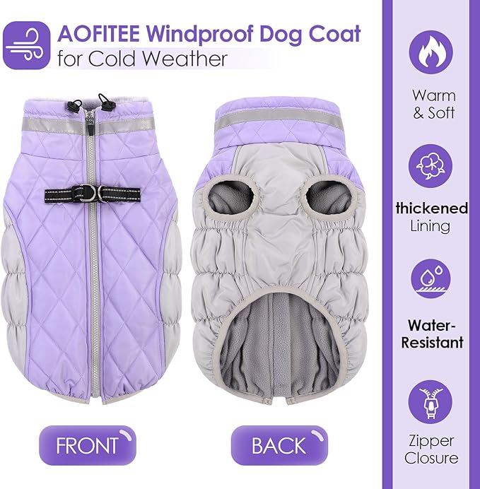 AOFITEE Dog Coat, Warm Dog Jackets for Large Dogs, Reflective Turtleneck Dogs Winter Coat with Harness Built in, Waterproof Windproof Pet Snow Jacket Fleece Vest for Cold Weather, Lilac XXL