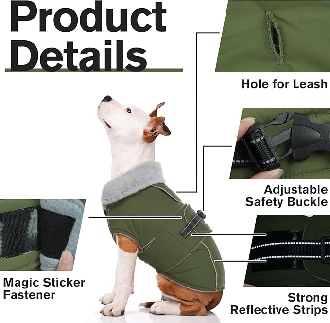 Lelepet Warm Dog Coat Reflective Fleece Vest Waterproof Dog Jacket with Adjustable Buckle Hook & Loop Windproof Cold Weather Coats for Small Medium Large Dogs, Army Green, XL